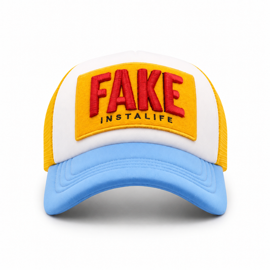 Front view of white trucker cap with Fake Instalife patch