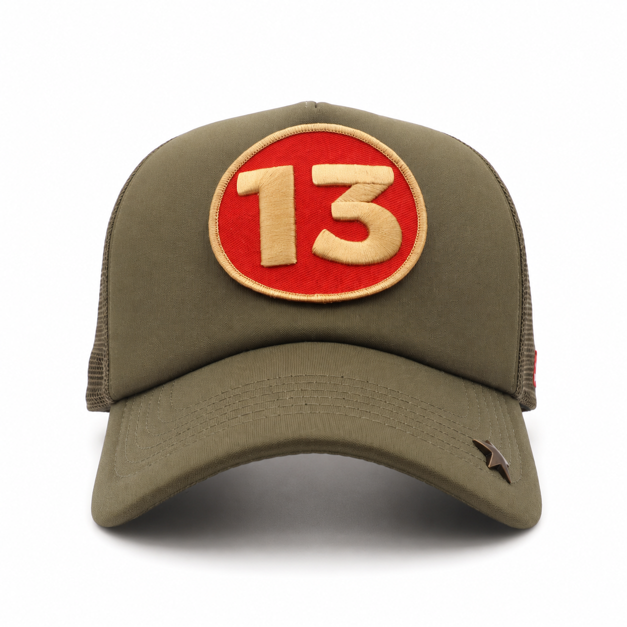 JOYLIFE 13 Olive Red cap angled view with curved visor and star detail