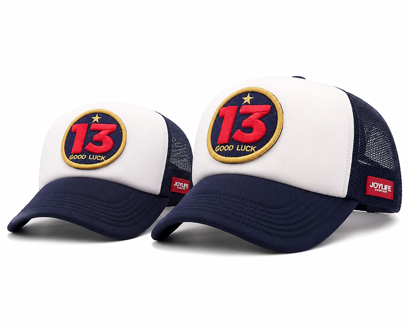 JOYLIFE 13 Good Luck Adult and Kids matching caps in white and navy blue