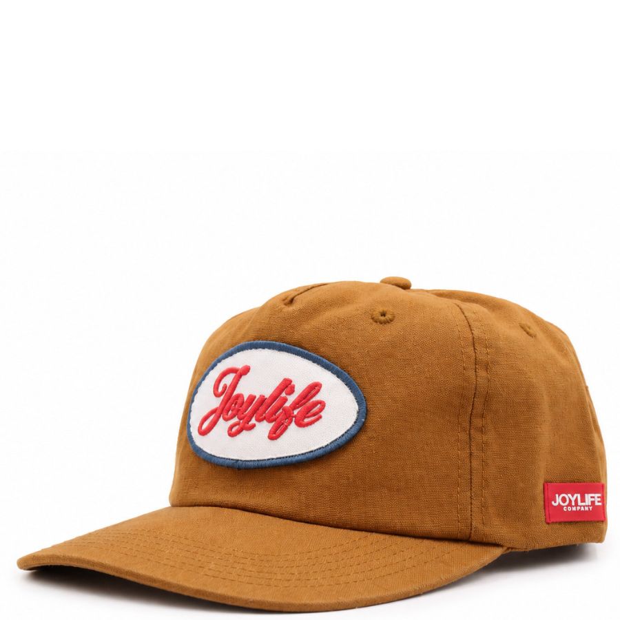 Brown JOYLIFE 5 panel cap with flat visor and front logo patch