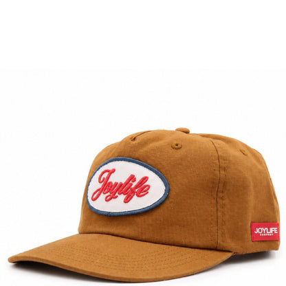 Brown JOYLIFE 5 panel cap with flat visor and front logo patch