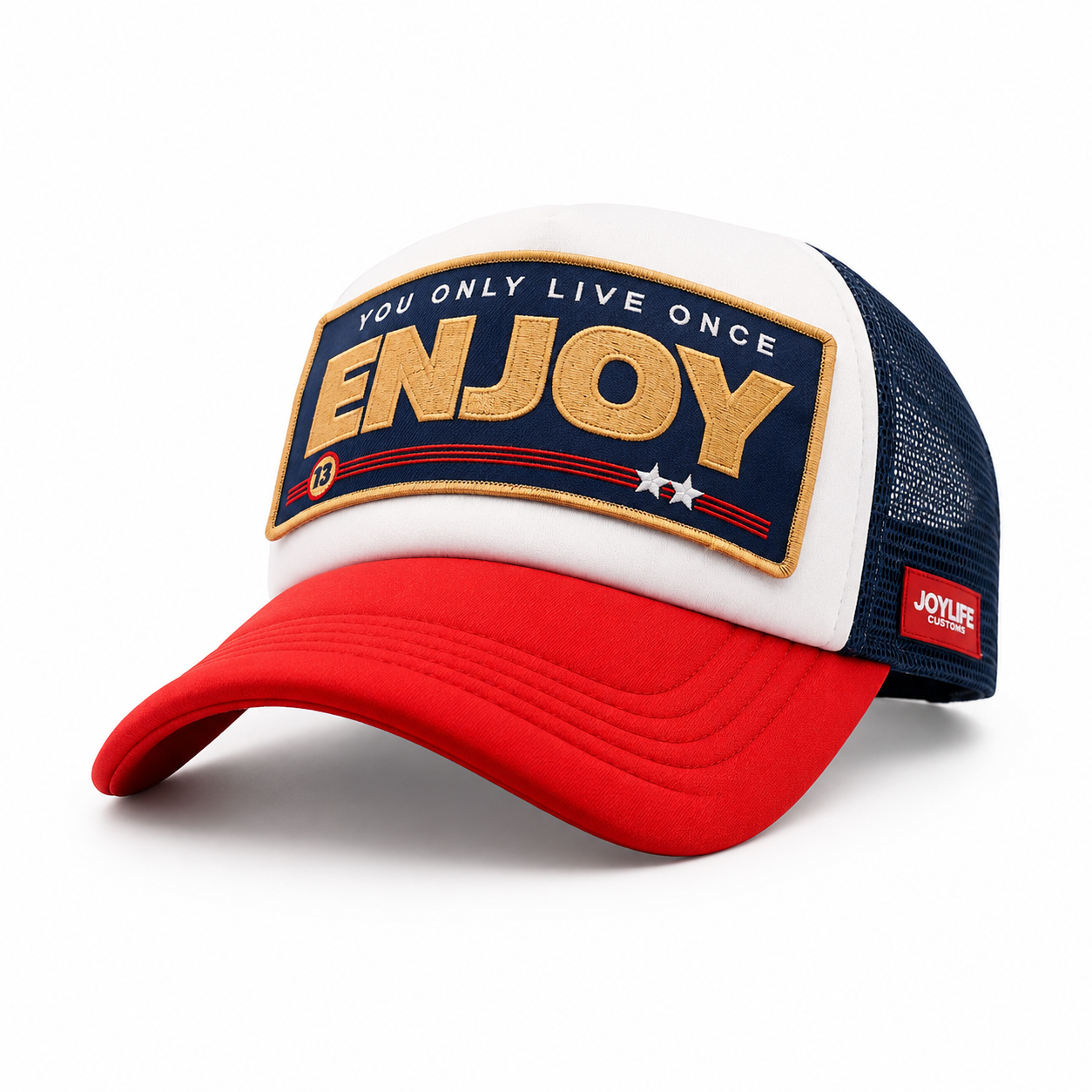 Angled view of white cap with red visor and navy mesh panels
