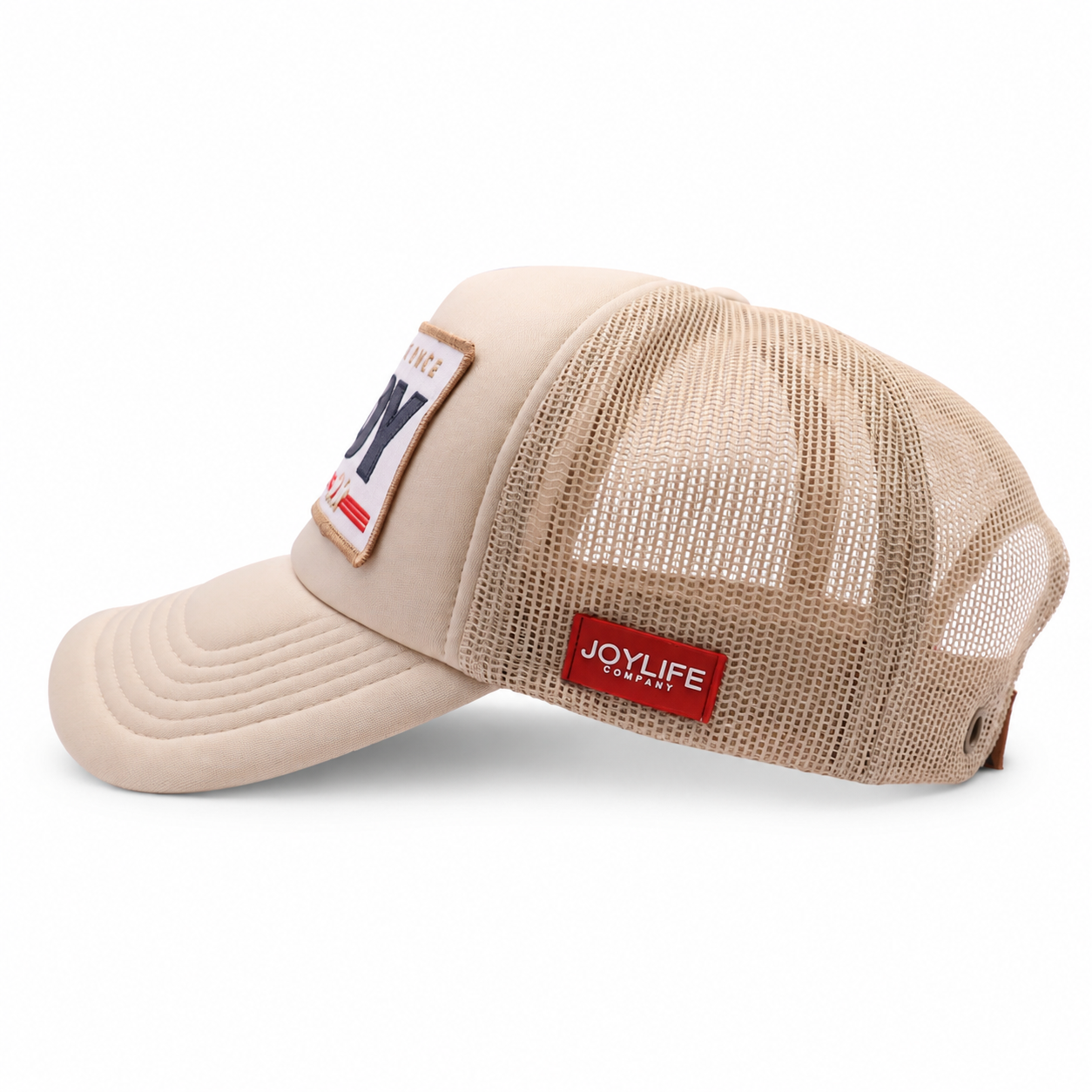 Cream trucker cap with ENJOY embroidered front patch