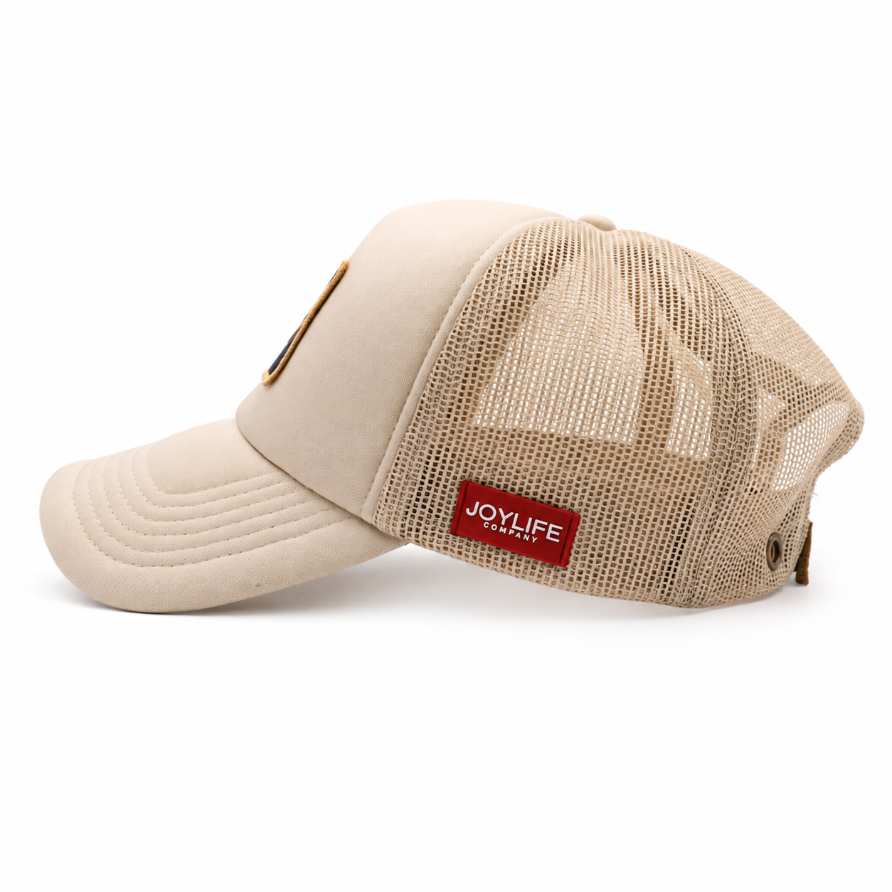 JOYLIFE cream mesh cap with red side label and brown back strap