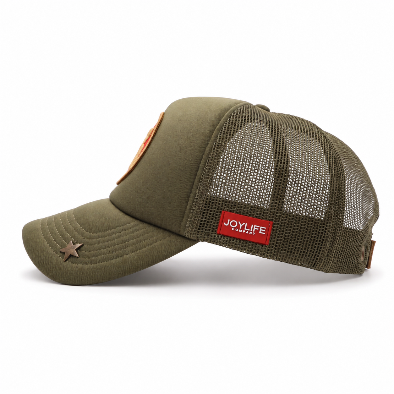 Olive trucker cap with red 13 front patch and beige embroidery