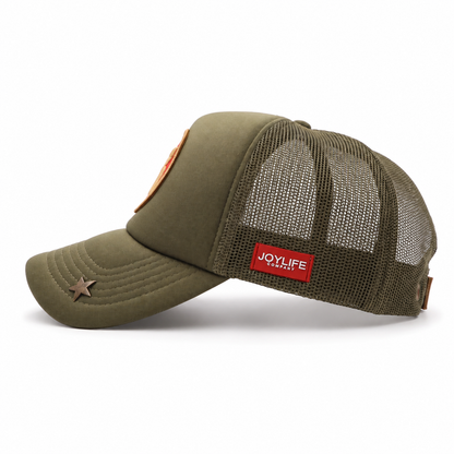 Olive trucker cap with red 13 front patch and beige embroidery