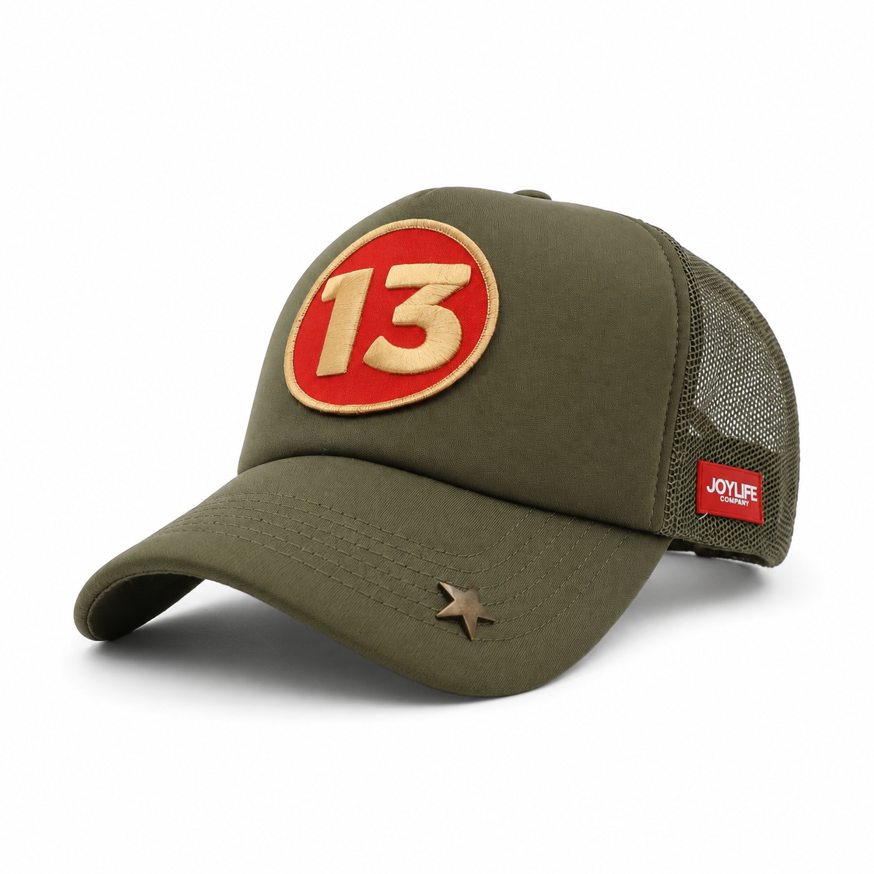 JOYLIFE 13 Olive Red trucker cap side view with mesh back panels
