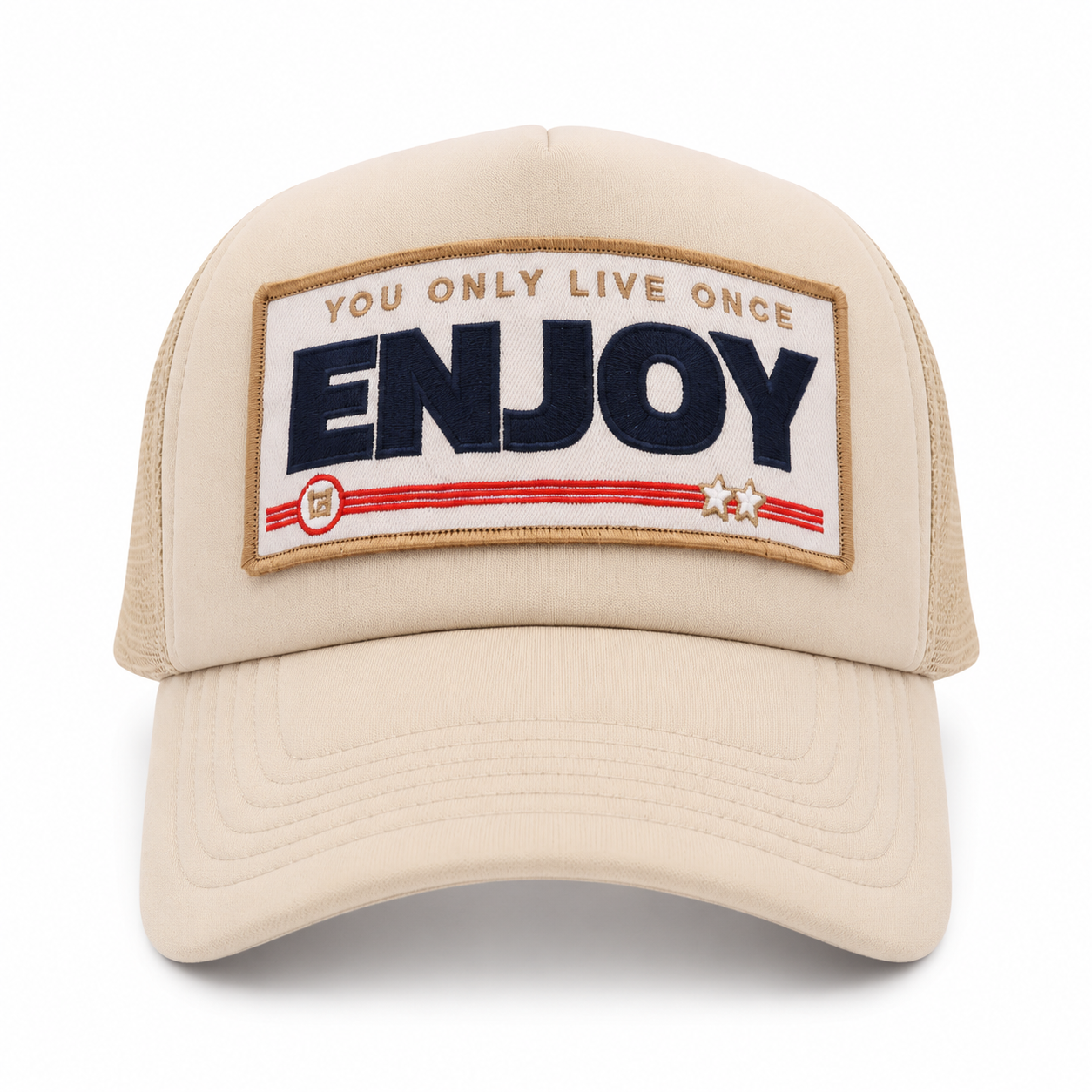 ENJOY Cream Navy cap angled view with curved visor