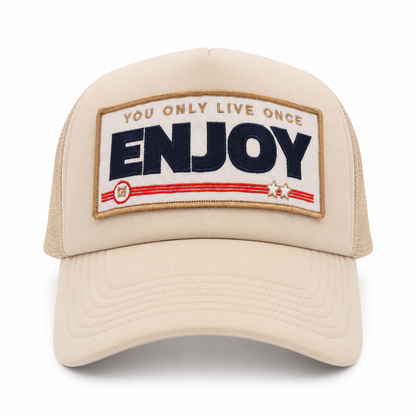 ENJOY Cream Navy cap angled view with curved visor