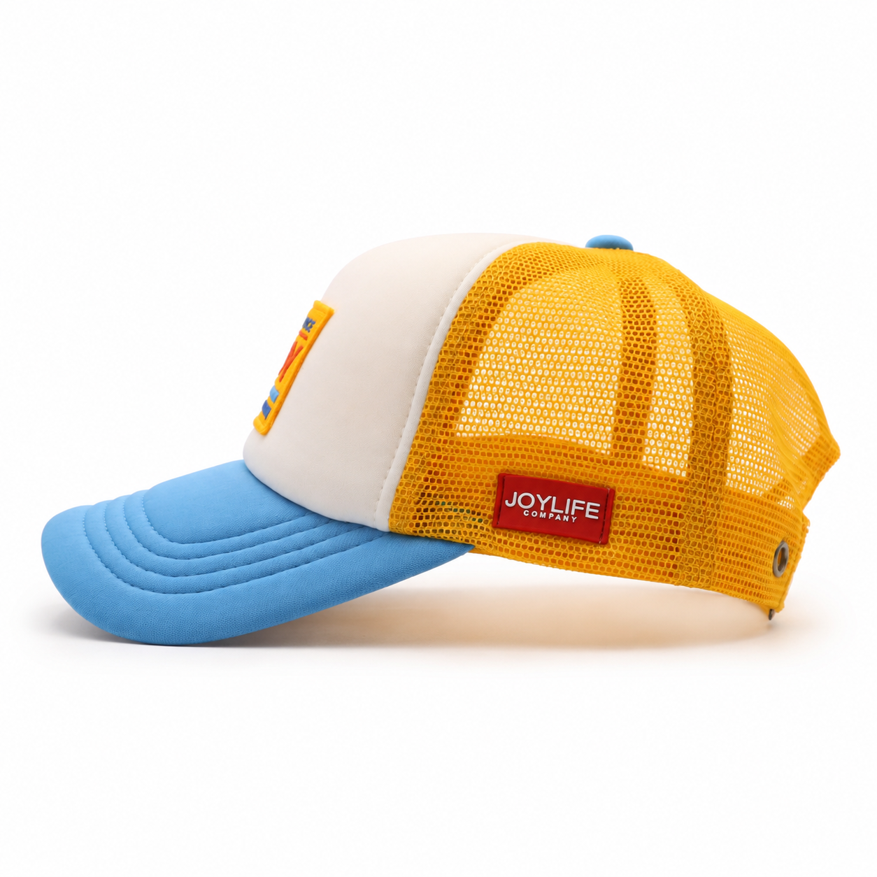 Cream and sky blue trucker cap with ENJOY front patch