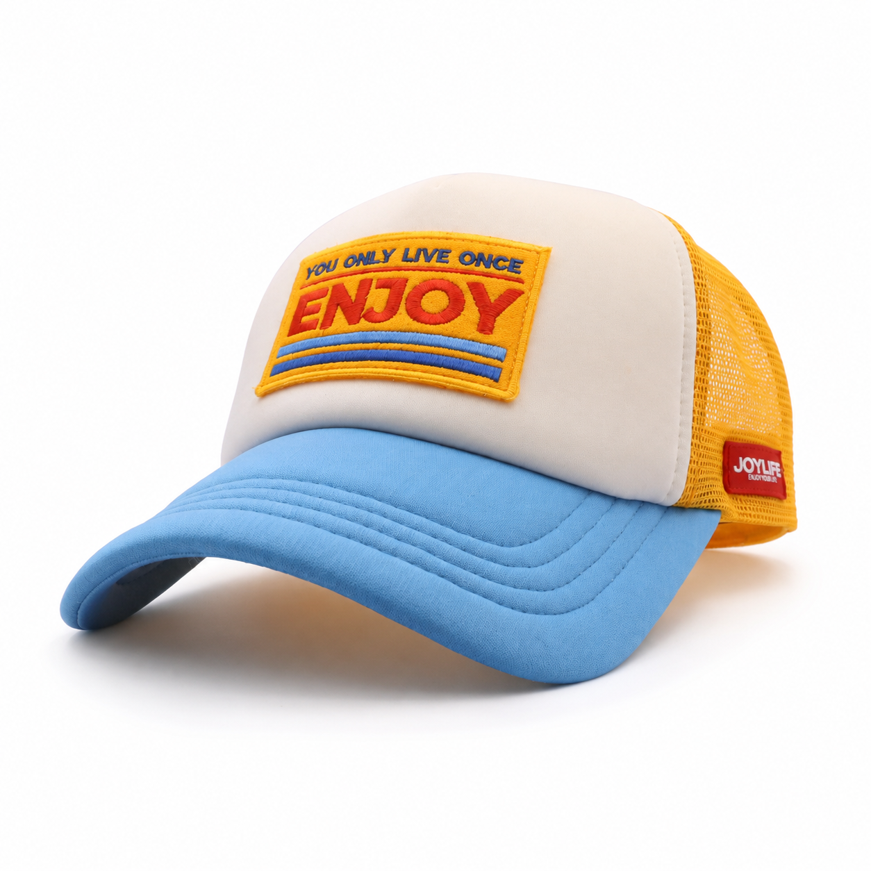 JOYLIFE ENJOY Sky Yellow trucker cap side view with yellow mesh panels