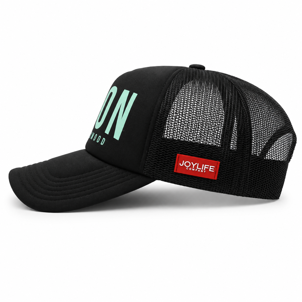 JOYLIFE ICON Hollywood Black Mint trucker cap side view with mesh panels