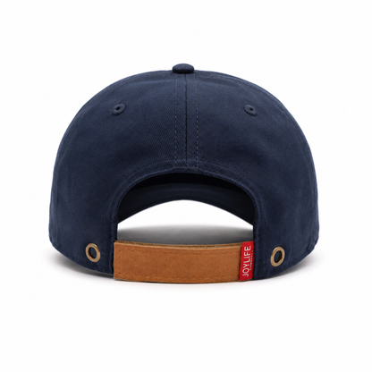 JOYLIFE Navy Gold cap back view with brown adjustable closure and metal eyelets