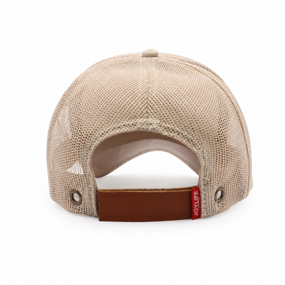  beige mesh cap with navy lettering and red side label