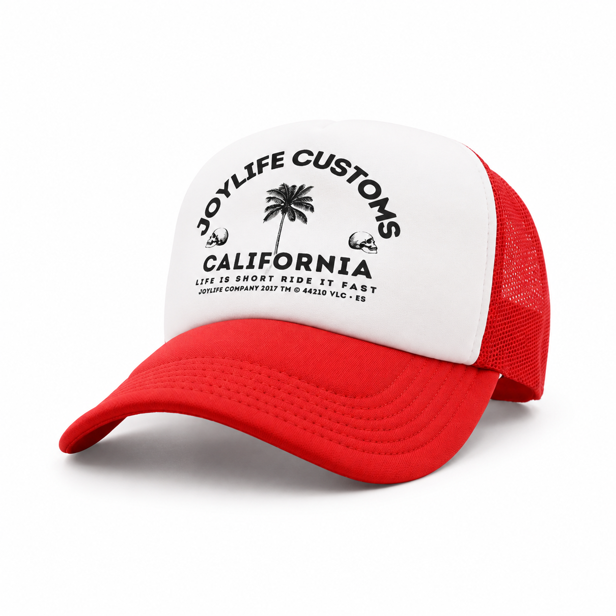 White and red curved visor cap with bold California-inspired print

