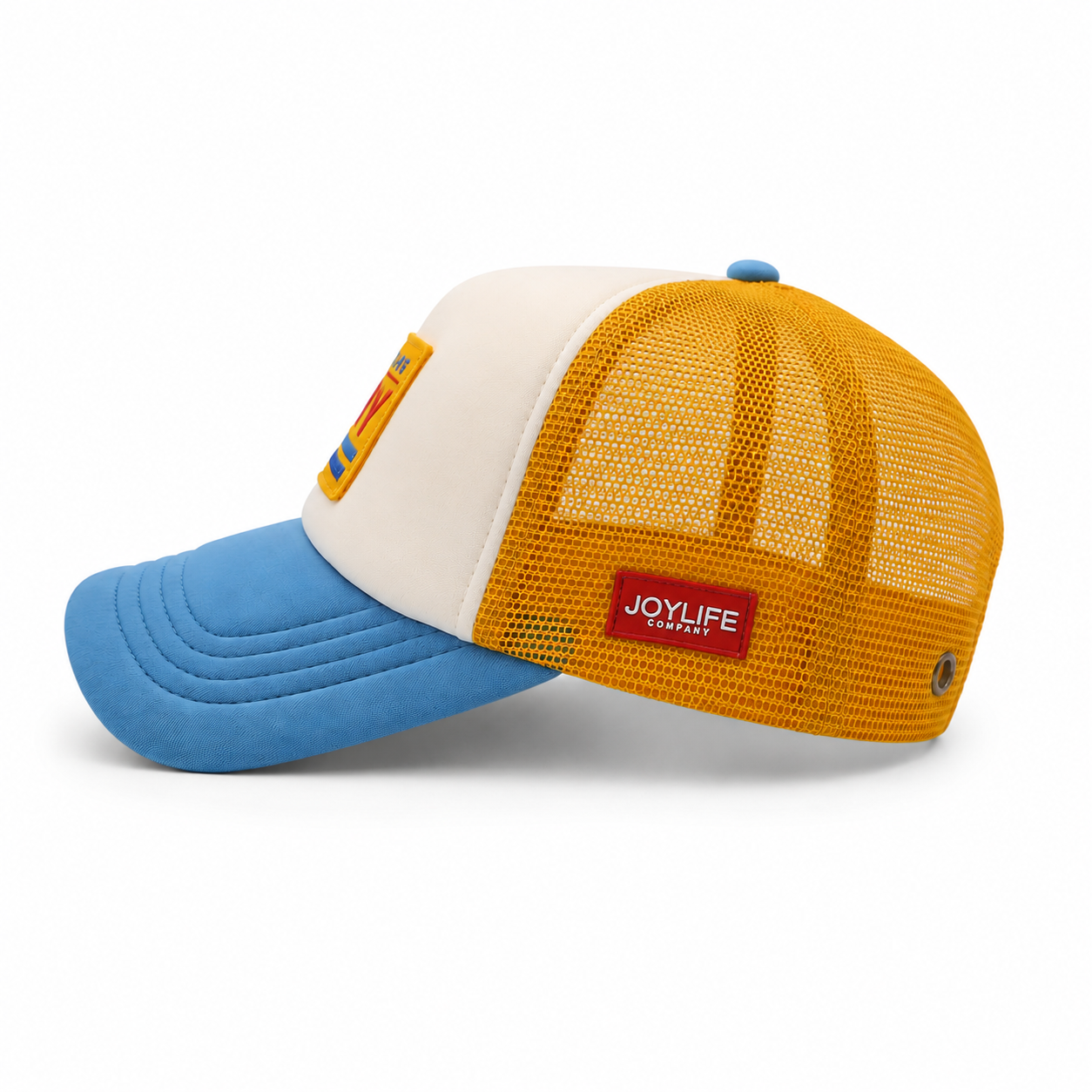 Side view of trucker cap with yellow mesh panels and red side label
