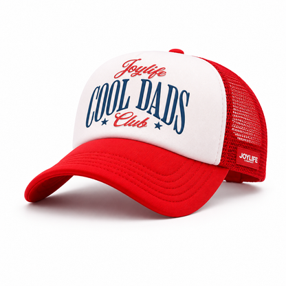 Side view of white and red trucker cap with red mesh panels
