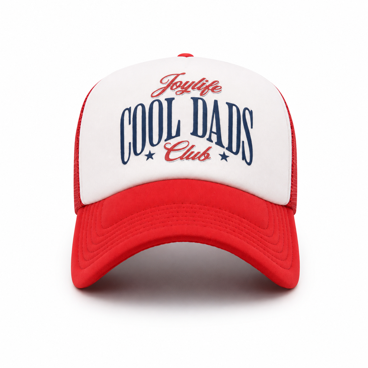 White and red trucker cap front view with Cool Dads Club graphic
