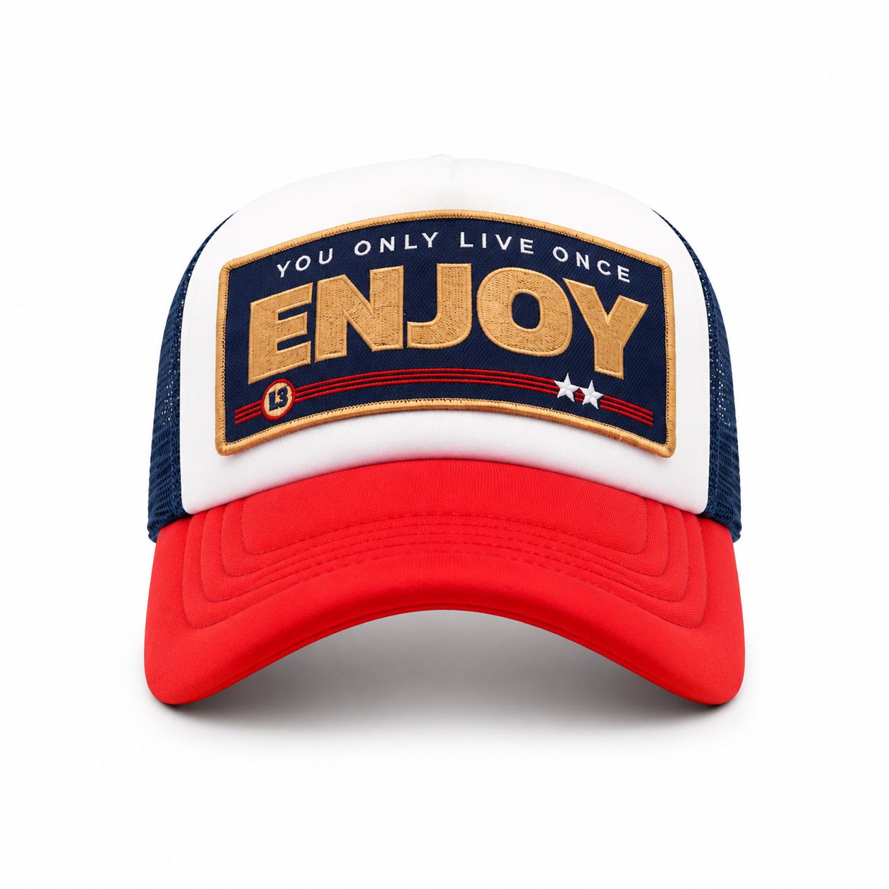 White trucker cap front view with ENJOY embroidered patch
