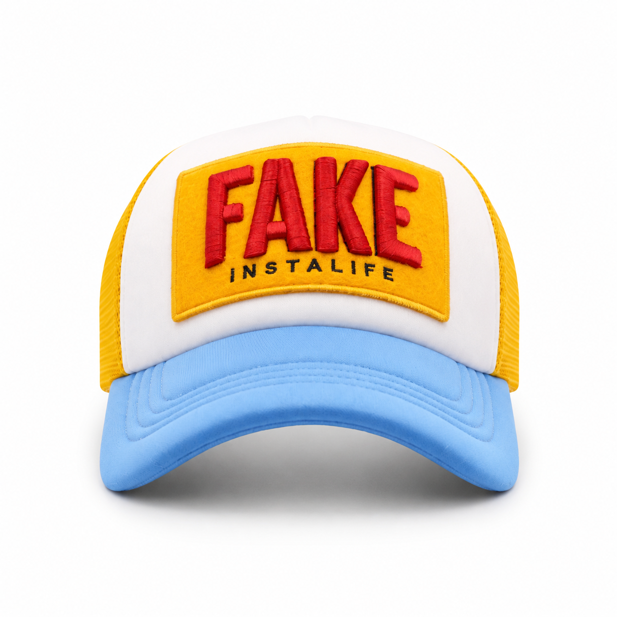 Front view of white trucker cap with Fake Instalife patch
