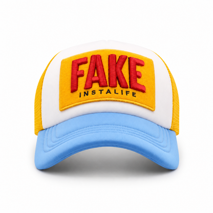 Front view of white trucker cap with Fake Instalife patch
