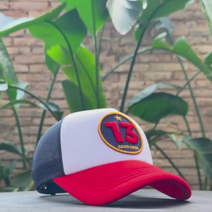 13 Good Luck White Navy Red Cap